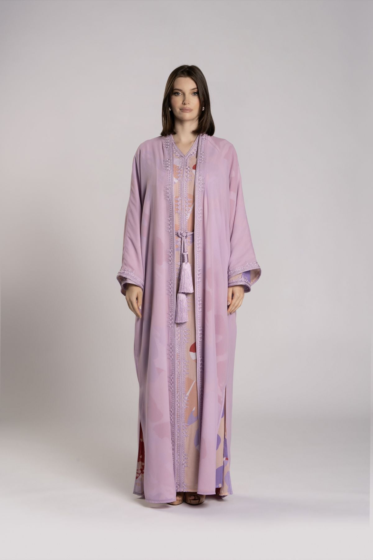Printed Cotton Kimono Abaya Dress Set With Metalic Threads Blue