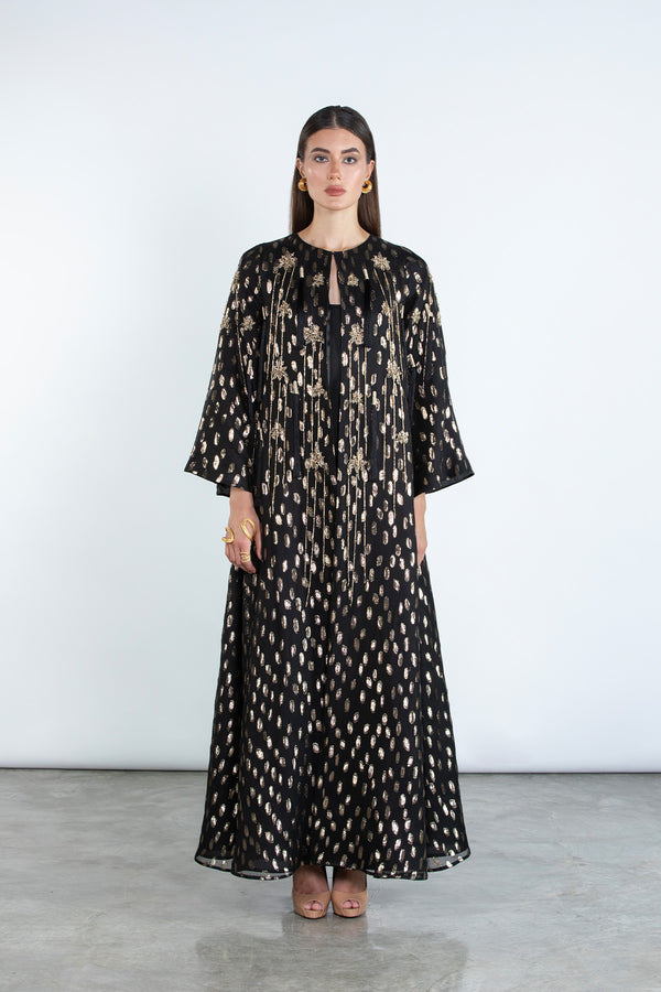 Noor Étoilé – Limited Haute Couture Golden-Dotted Silk Abaya SM25HC01