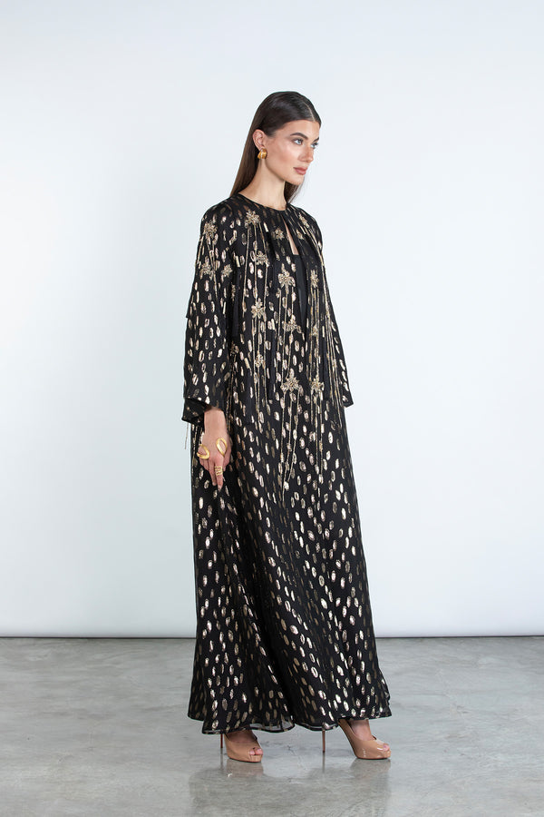 Noor Étoilé – Limited Haute Couture Golden-Dotted Silk Abaya SM25HC01