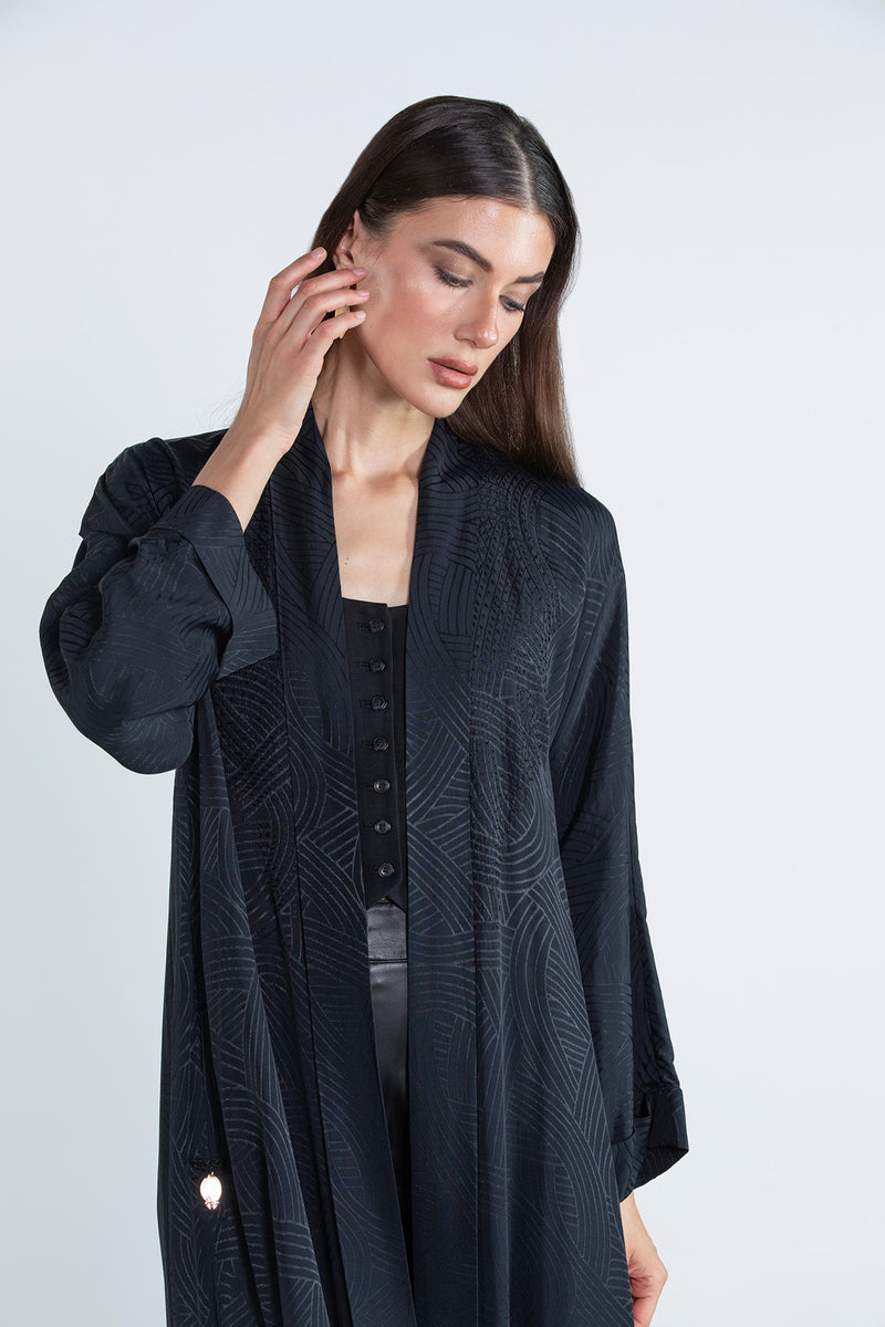 SM2505 Flared Kimono-Style Abaya with Embroidered Details
