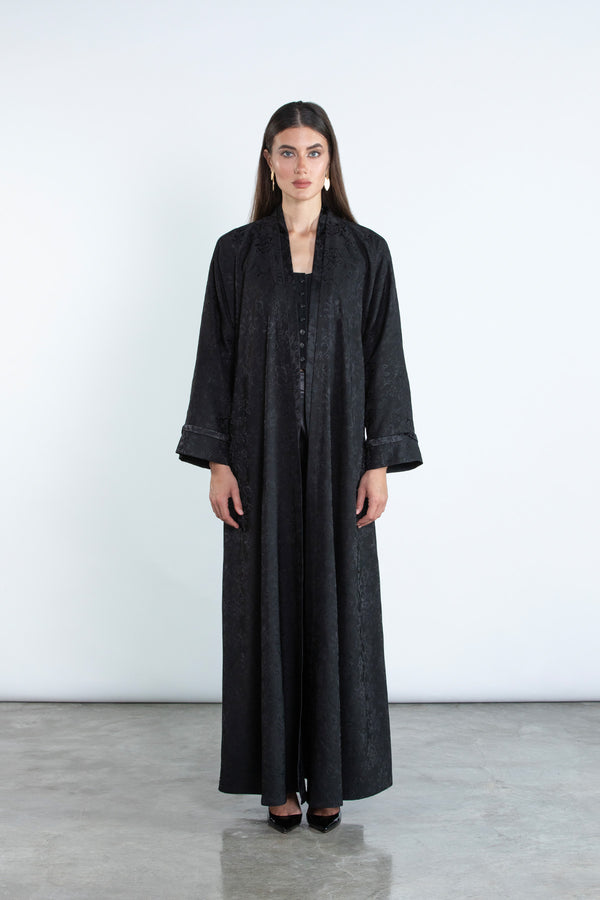 SM2511 Floral Jacquard Kimono Abaya with Bone Piping Detail