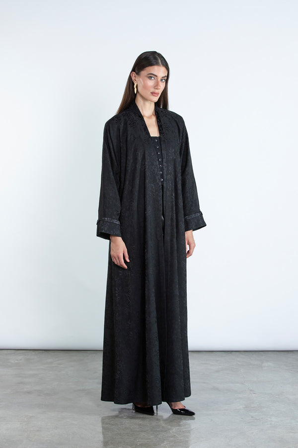 SM2511 Floral Jacquard Kimono Abaya with Bone Piping Detail