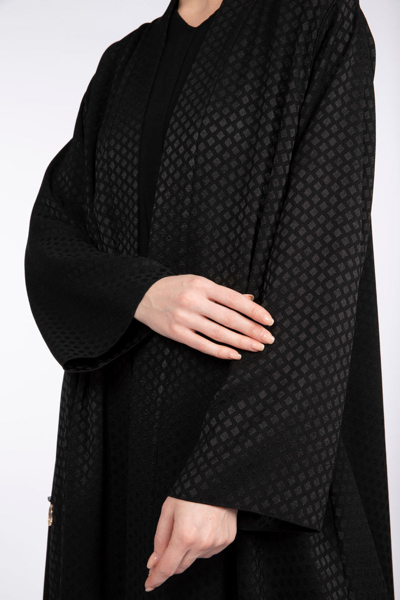 RTW2305 Black Square Motif Textured Crepe Abaya