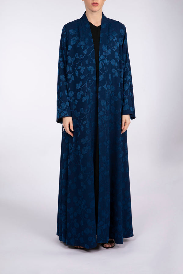 RTW2303 Blue Leaf Motif Textured Fabric Abaya