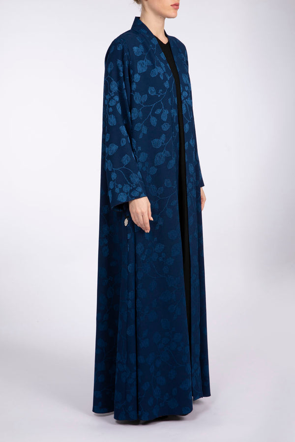 RTW2303 Blue Leaf Motif Textured Fabric Abaya