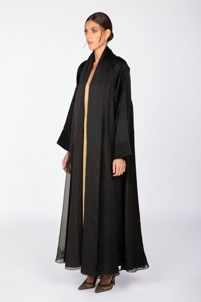 ED2304 Double Layered Flowers Motıf Adorned Abaya