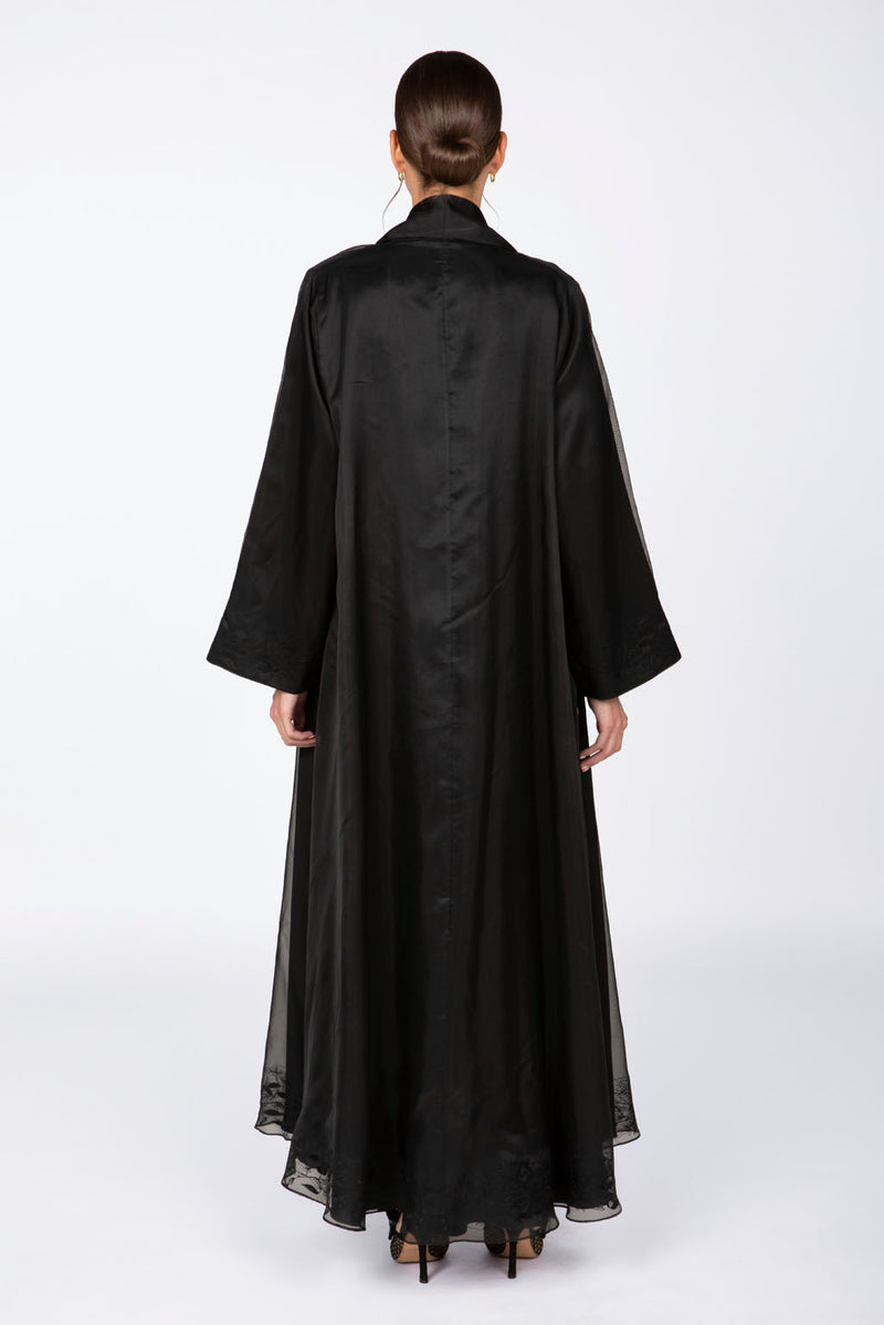 ED2304 Double Layered Flowers Motıf Adorned Abaya