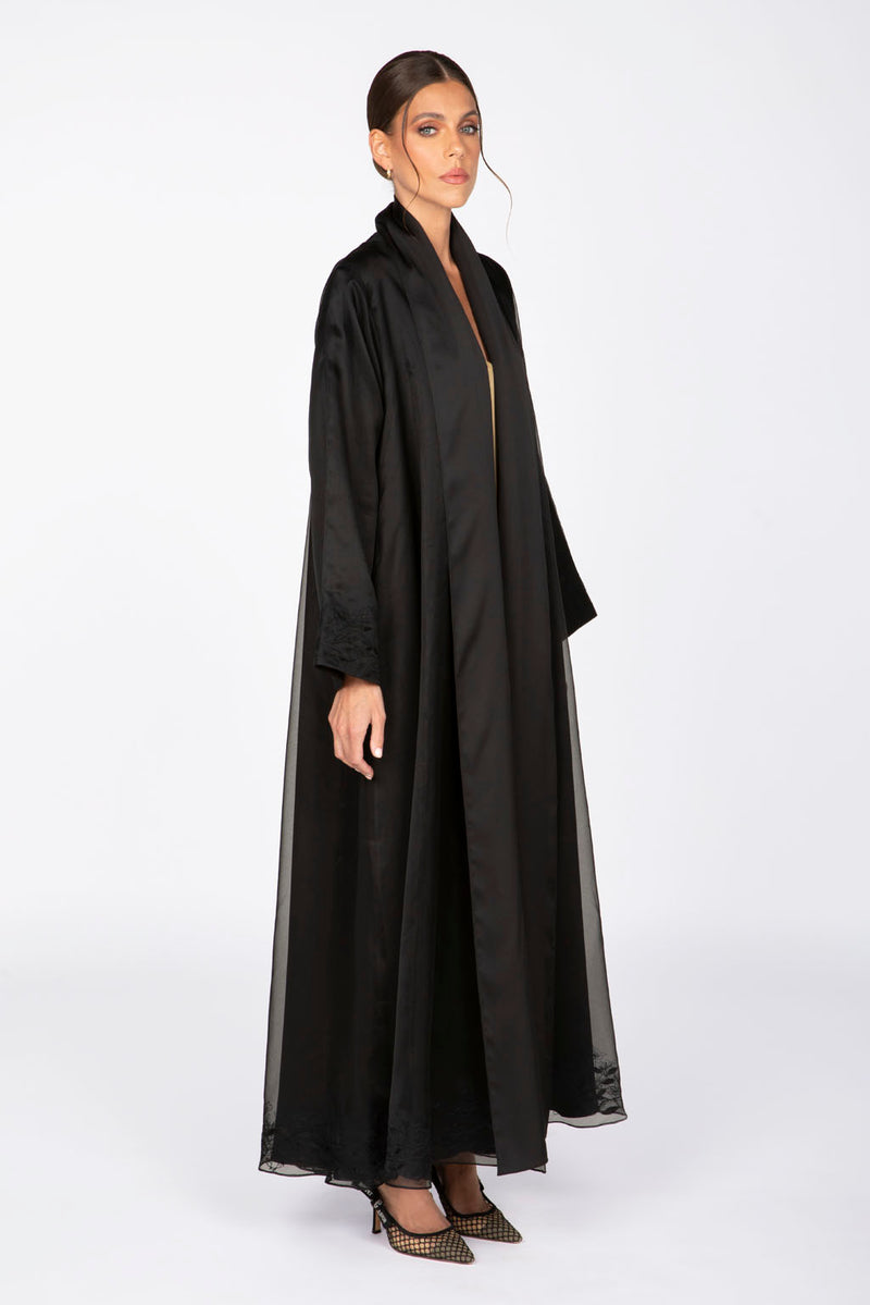 ED2304 Double Layered Flowers Motıf Adorned Abaya