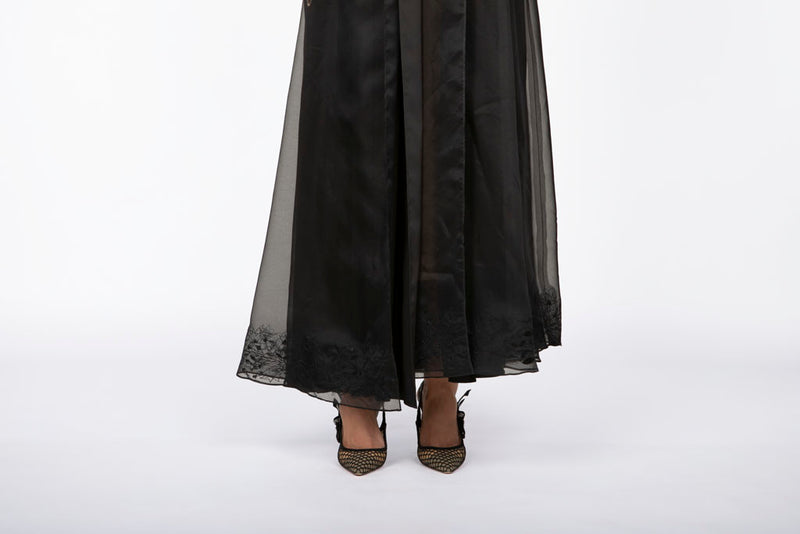 ED2304 Double Layered Flowers Motıf Adorned Abaya