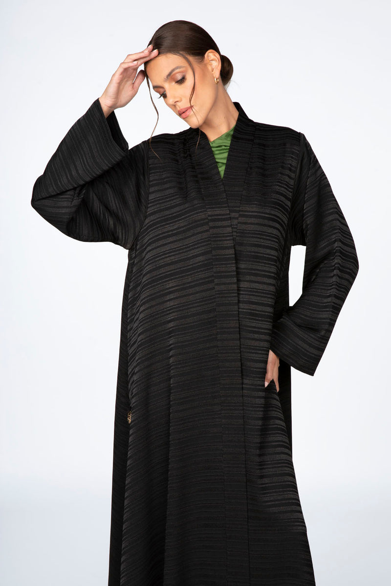 RTW2307 Abstract Motif Textured Fabric Abaya (Black)