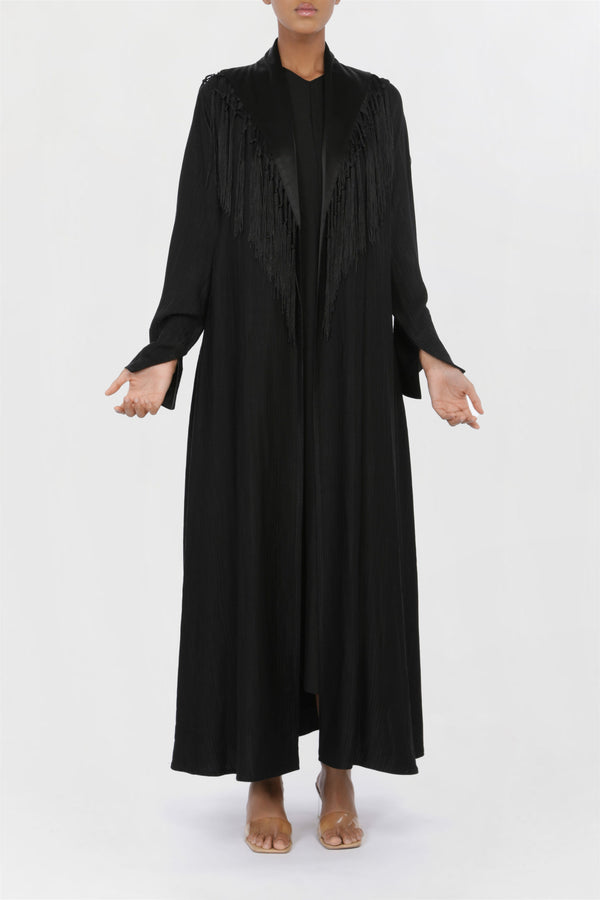 Silky-soft Tasseled Collar Black Abaya ED2201