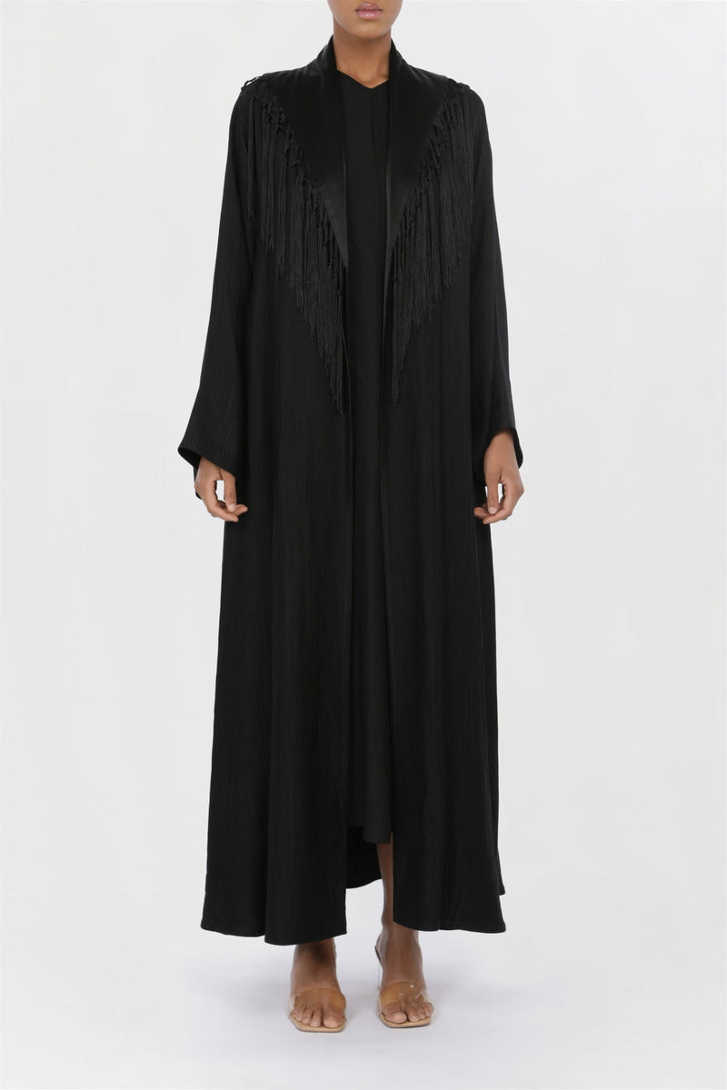 Silky-soft Tasseled Collar Black Abaya ED2201