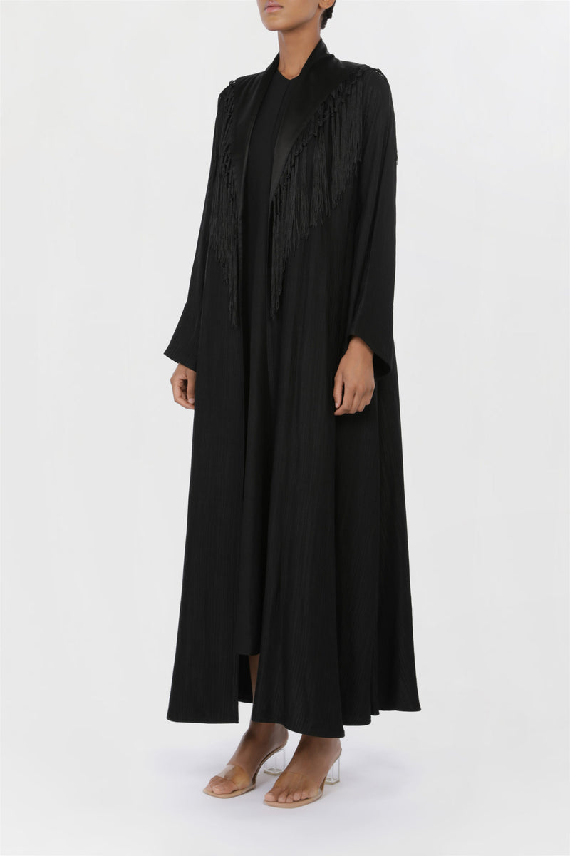 Silky-soft Tasseled Collar Black Abaya ED2201