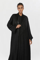 Silky-soft Tasseled Collar Black Abaya ED2201