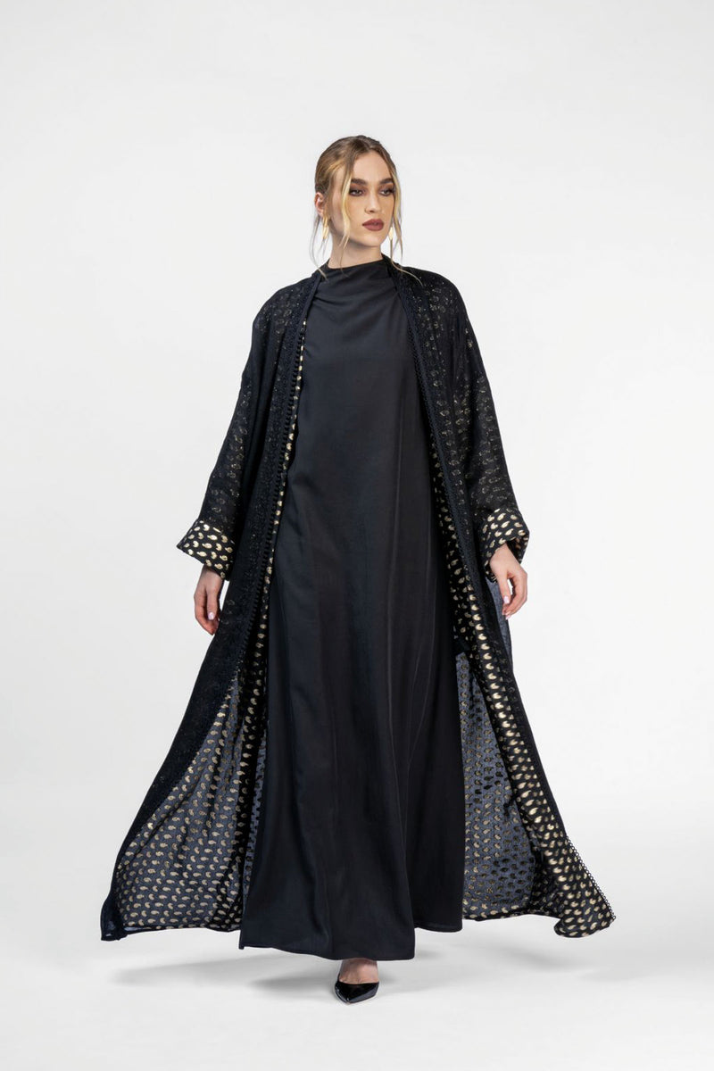 RMDB2402-G  Onyx Nobility Kimono Abaya with Hand Crafted Embroidery Details in Gold