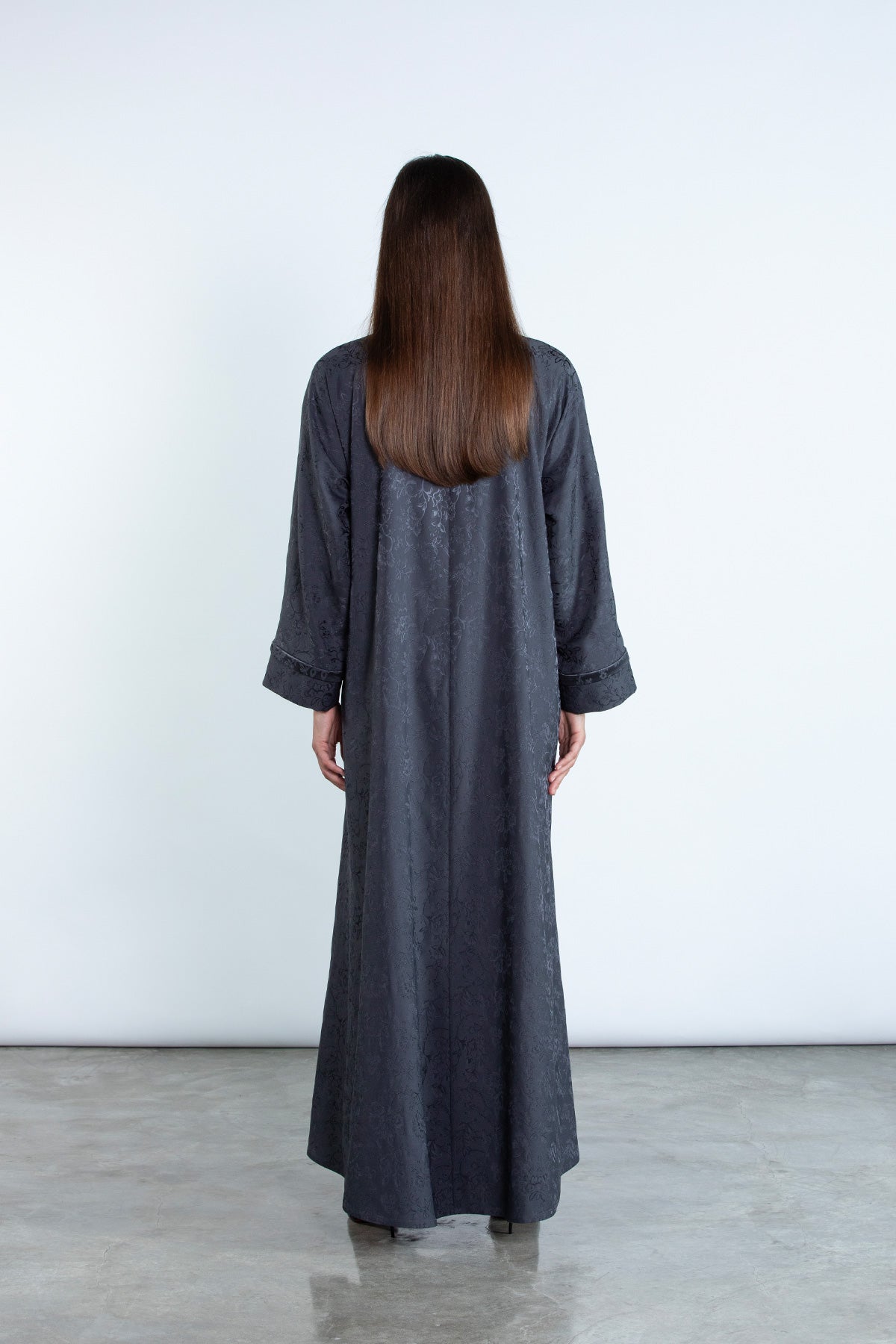 SM2511 Floral Jacquard Kimono Abaya with Bone Piping Detail