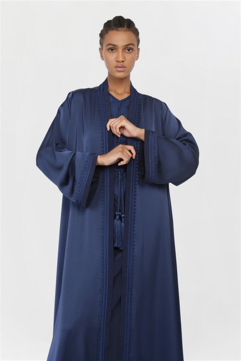 Moroccan Hand Embroidery Abaya Dark Blue Color ED2206