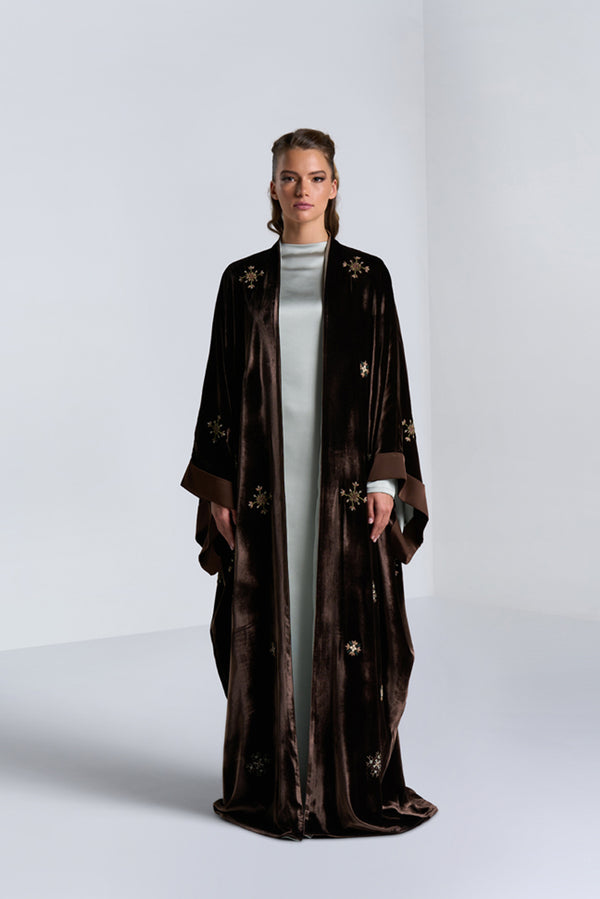 DC2406BRN Haute Couture- Golden Hour Velvet Brown Abaya