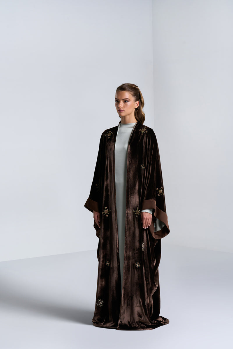 DC2406BRN Haute Couture- Golden Hour Velvet Brown Abaya