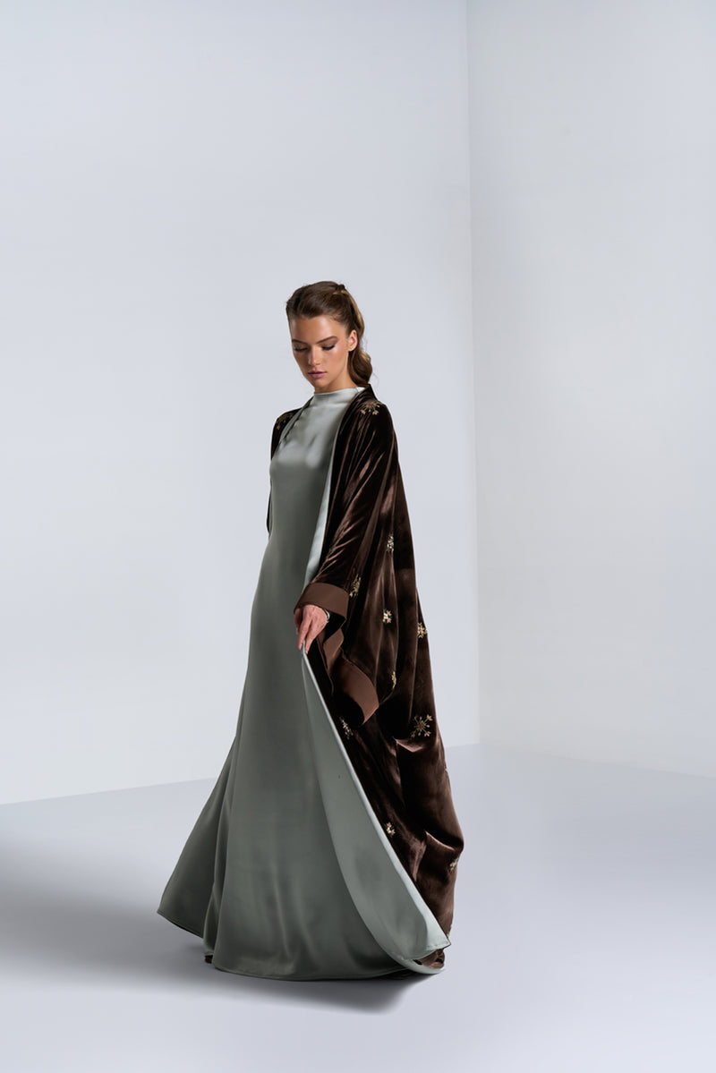 DC2406BRN Haute Couture- Golden Hour Velvet Brown Abaya