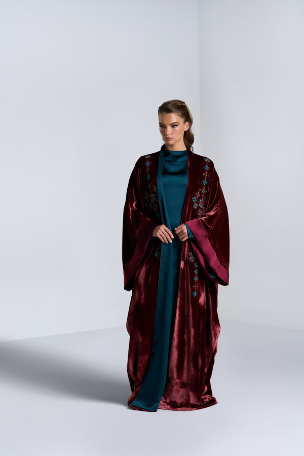 DC2407MRN Haute Couture- Floral Reverie Velvet Maroon Abaya