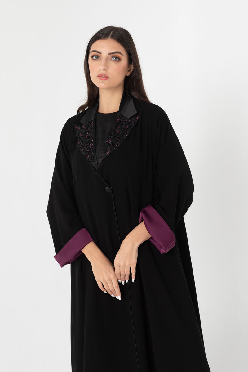 Abstract Embroidered Notched Collar Abaya RMD2212