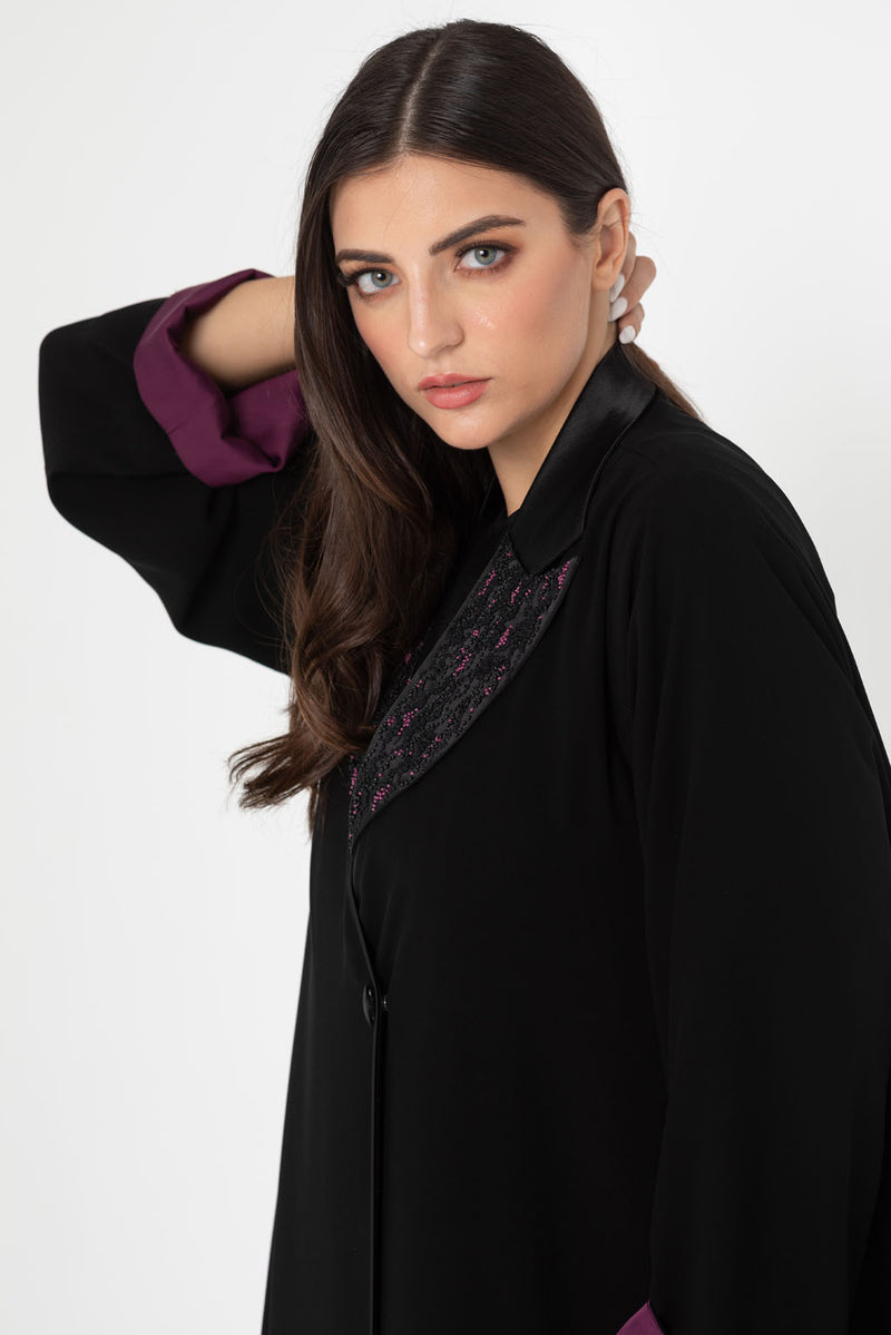 Abstract Embroidered Notched Collar Abaya RMD2212