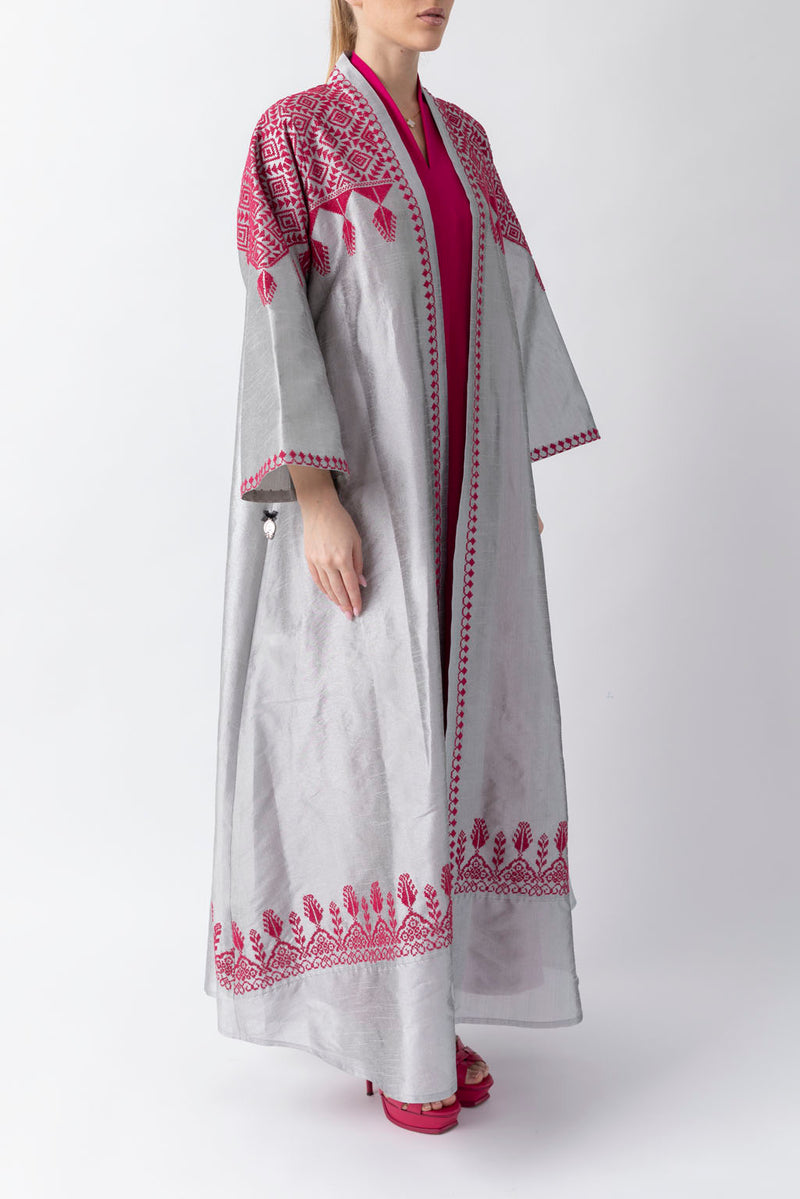 Exclusive Cross Stitches Handwork Light Grey Silk Abaya WV2214