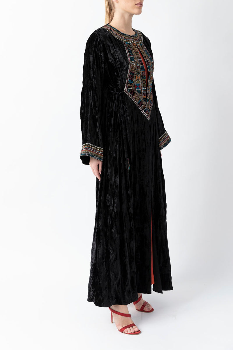 Sadu Art Multi-Colored Embroidery Black Velvet Abaya WV2201