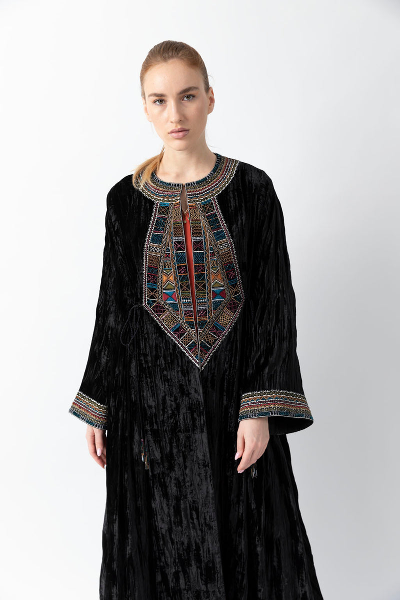 Sadu Art Multi-Colored Embroidery Black Velvet Abaya WV2201