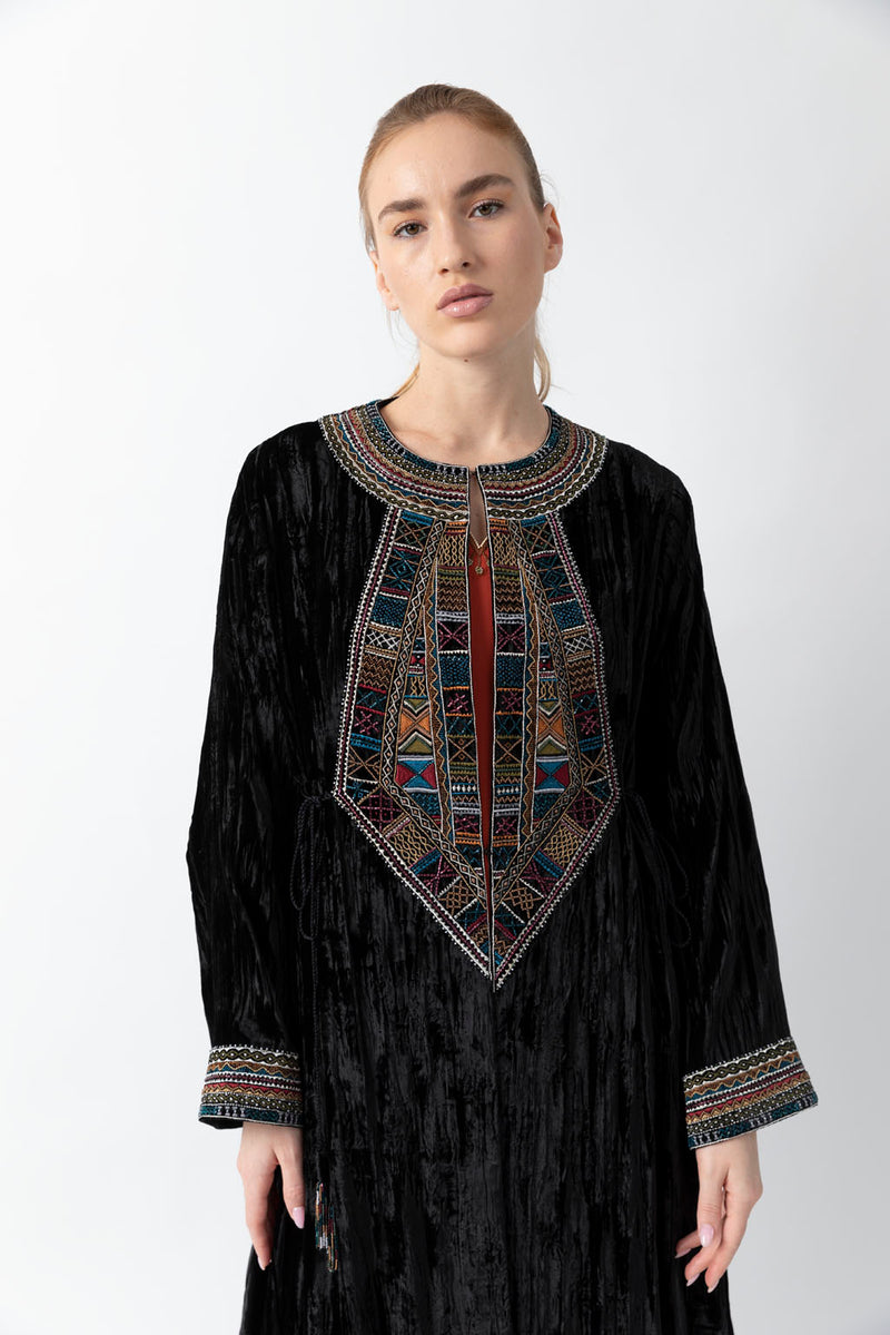 Sadu Art Multi-Colored Embroidery Black Velvet Abaya WV2201