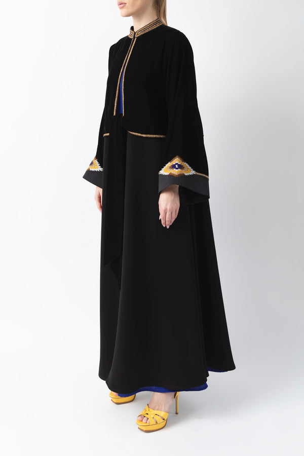 Sadu Art Embroidery Layered Black Velvet Abaya WV2204