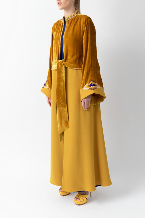 Sadu Art Embroidery Layered Yellow Velvet Abaya WV2204