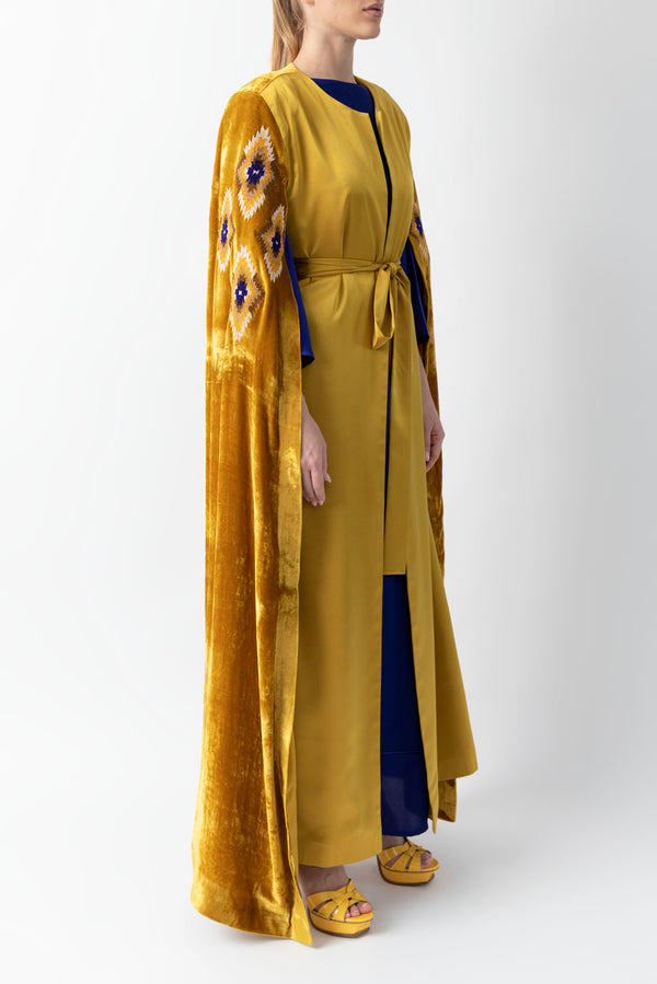 Sadu Art Inspired Embroidery Yellow Velvet And Pure Silk Abaya WV2205