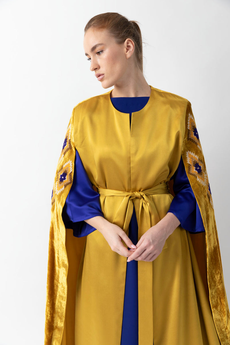 Sadu Art Inspired Embroidery Yellow Velvet And Pure Silk Abaya WV2205