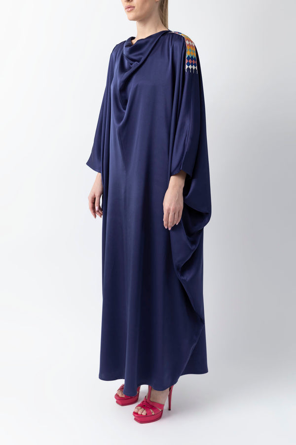 Sadu Art Inspired Embroidery Blue Pure Silk Abaya WV2221