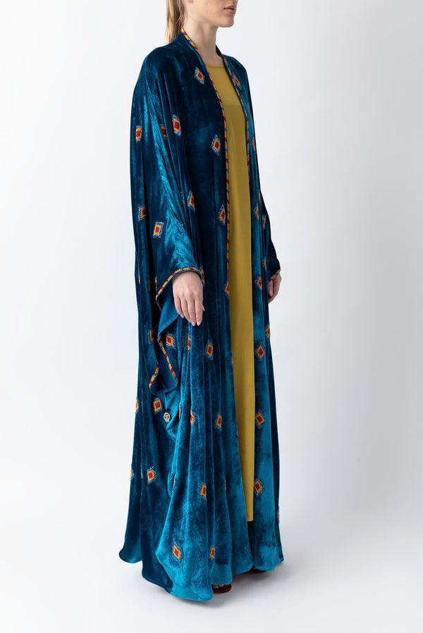 Exclusive Sadu Art Inspired Embroidery Yale Blue Velvet Abaya WV2222