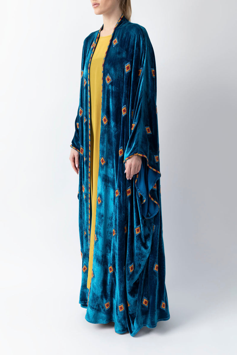 Exclusive Sadu Art Inspired Embroidery Yale Blue Velvet Abaya WV2222