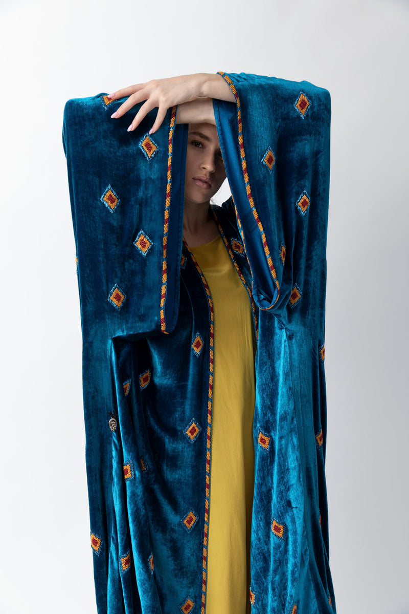 Exclusive Sadu Art Inspired Embroidery Yale Blue Velvet Abaya WV2222