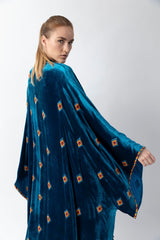 Exclusive Sadu Art Inspired Embroidery Yale Blue Velvet Abaya WV2222