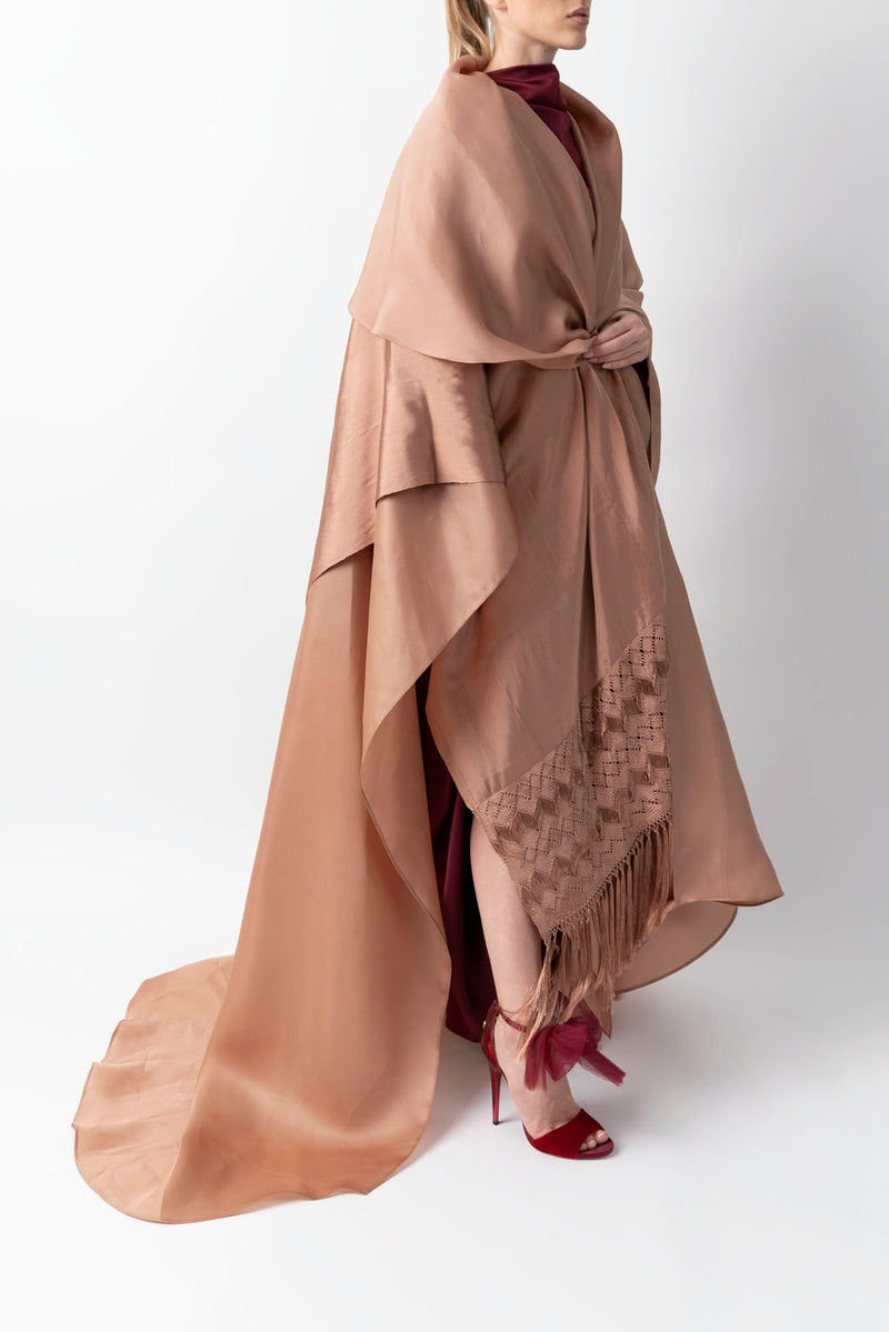 Exclusive Draped Shawl With Woven Silk Fringe Featured Camel Abaya WV2220