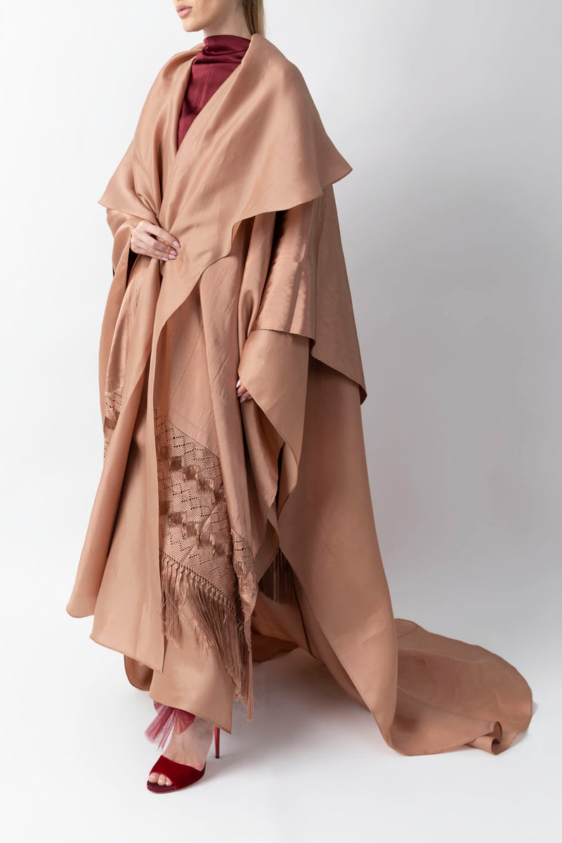 Exclusive Draped Shawl With Woven Silk Fringe Featured Camel Abaya WV2220