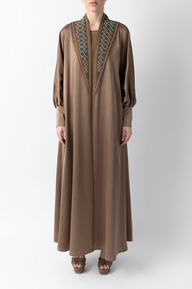 Sadu Art Inspired Embroidery Brown Pure Silk Abaya WV2208