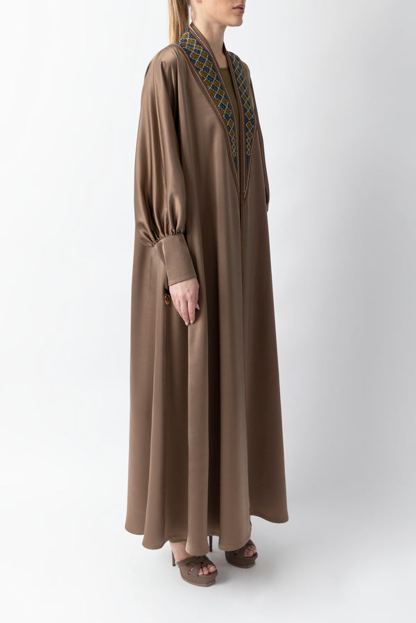 Sadu Art Inspired Embroidery Brown Pure Silk Abaya WV2208