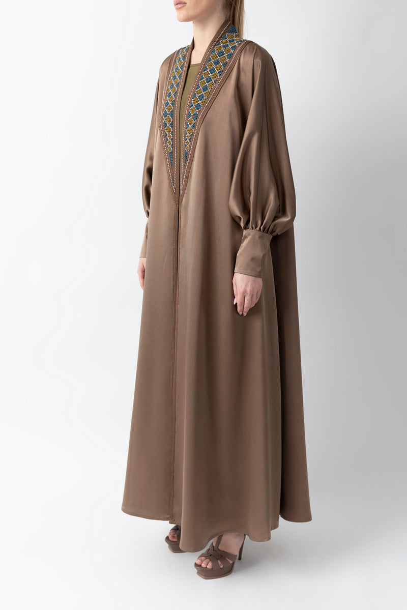 Sadu Art Inspired Embroidery Brown Pure Silk Abaya WV2208