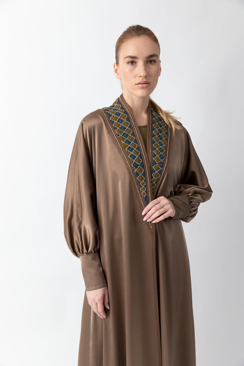 Sadu Art Inspired Embroidery Brown Pure Silk Abaya WV2208