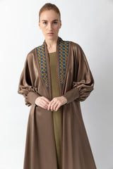 Sadu Art Inspired Embroidery Brown Pure Silk Abaya WV2208