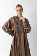 Sadu Art Inspired Embroidery Brown Pure Silk Abaya WV2208