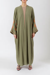 Handcrafted Cross Stitch Highlights Olive Green Abaya JDA003