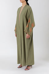 Handcrafted Cross Stitch Highlights Olive Green Abaya JDA003